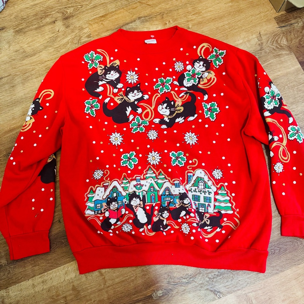 Festive Red Cat Print Men's Sweater